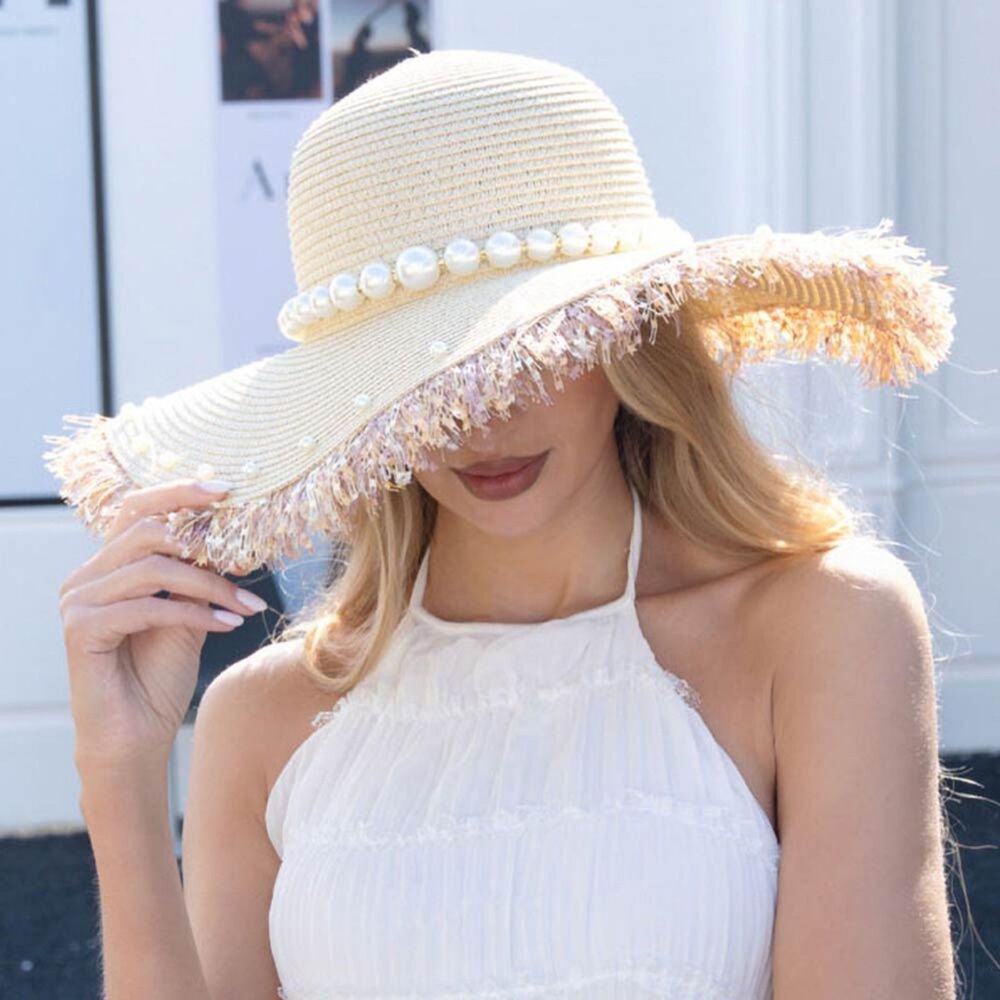 Beige Pearl Trim Frayed Straw Sun Hat Brim Womens Statement Fashion Accessory